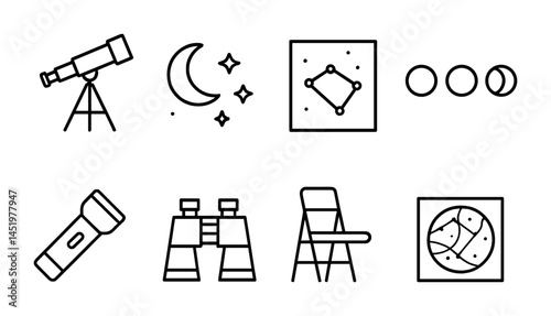Astronomy and space outline icons set – flat, celestial, stargazing graphics
