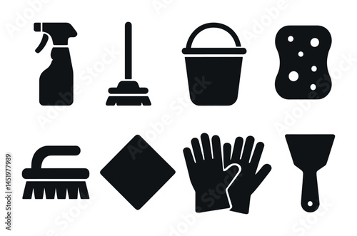 Cleaning and maintenance solid icons set – flat, filled, sanitation and housekeeping symbols