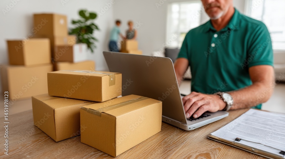 Cargo Management and Warehouse Scheduling Solutions concept. Man Working on Laptop Surrounded by Packed Boxes in Modern Office Space with Colleagues in Background Cargo Management and Warehouse Scheduling Solutions concept. Man Working on Laptop Surrounded by Packed Boxes in Modern Office Space with Colleagues in Background