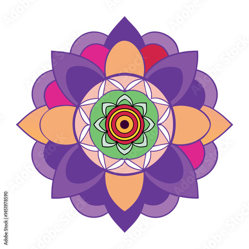 Colorful Floral Mandala Design with Intricate Pattern on White Background