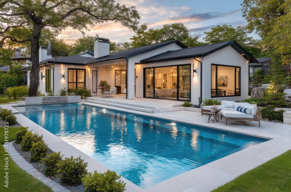 bright, and scenic view of the exterior front yard with green LED lighting around the swimming pool area of a contemporary home bright, and scenic view of the exterior front yard with green LED lighting around the swimming pool area of a contemporary home