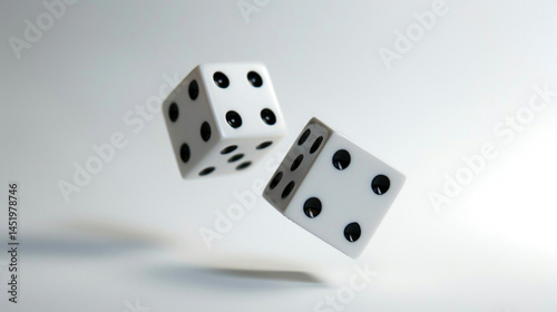A Lucky Roll of Weathered Dice: Two vintage, ivory-colored dice with worn black spots are positioned closely together against a stark white backdrop, suggesting a moment of chance, games of fortune, o