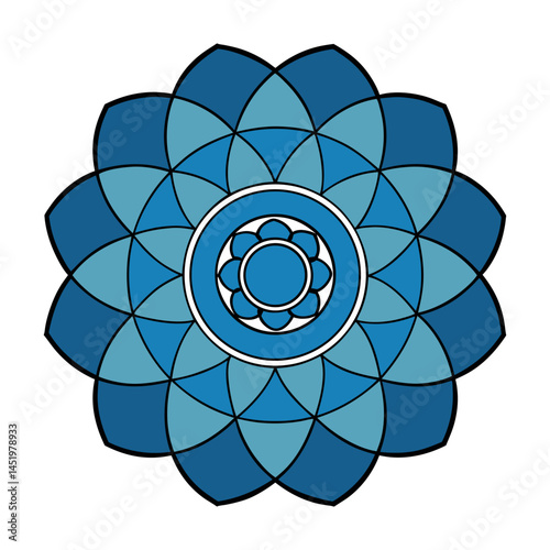 Symmetric Blue Mandala Design with Geometric Petals on White Background