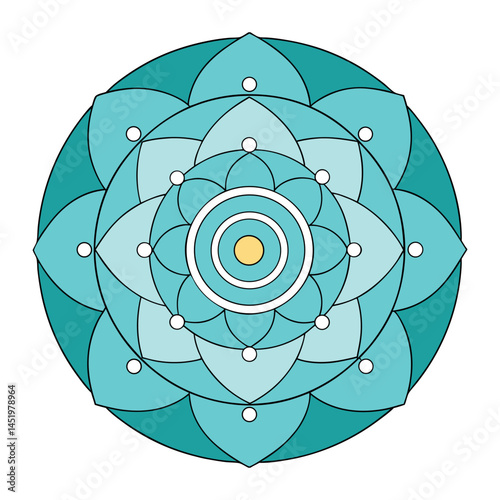 Ornamental Turquoise Mandala Design with Geometric Shapes and White Accents on White