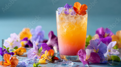 Tropical alcoholic drink with vibrant colors.