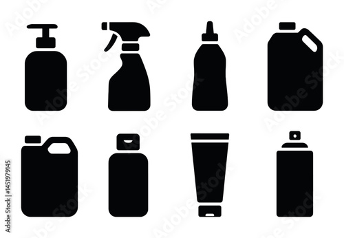 Cleaning and hygiene solid icons set – silhouette, filled, sanitation symbols