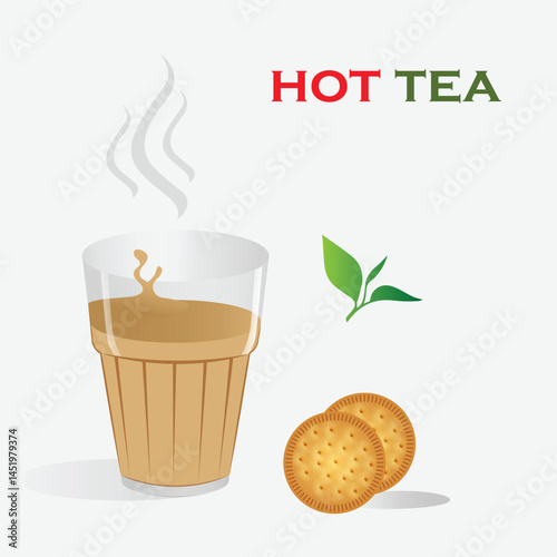 A glass of hot steaming tea accompanied by two round biscuits and a tea leaf graphic, on a light background.