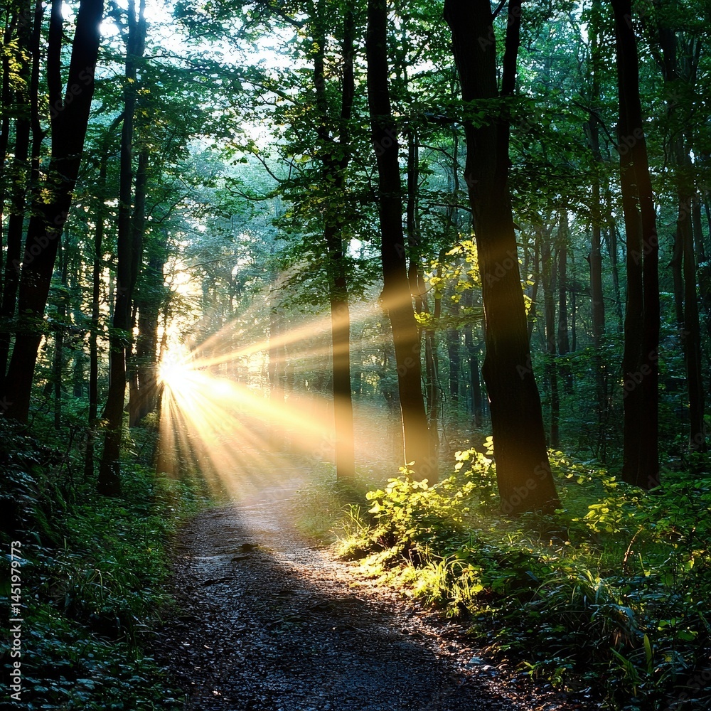 Obraz premium Serene pathway winding through lush green forest surrounded by tall trees and nature's beauty