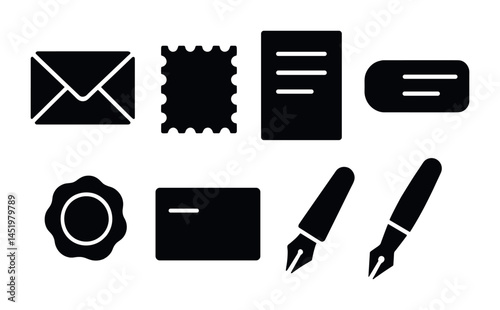 Postal and communication solid icons set – mail, envelope, messaging graphics