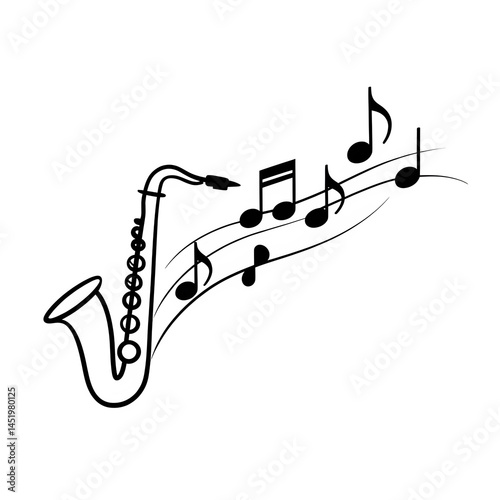 Elegant black line art of saxophone and notes flowing upwards on transparent background.