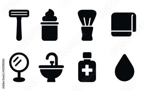 Bathroom and grooming solid icons set – filled, hygiene and self-care essentials