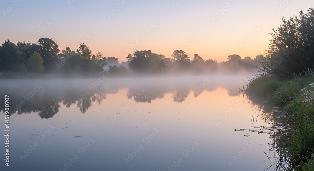 Fototapeta premium Serene Dawn: Misty River Reflections AI Generated