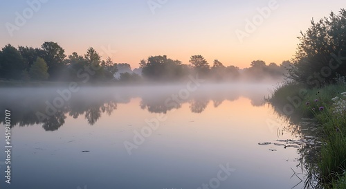 Serene Dawn: Misty River Reflections AI Generated