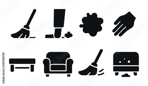 Cleaning and household solid icons set – flat, filled, chores and maintenance symbols