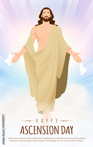 Happy Ascension Day Design with Jesus Christ in Heaven Vector Illustration.  Illustration of resurrection Jesus Christ. Sacrifice of Messiah for humanity redemption.