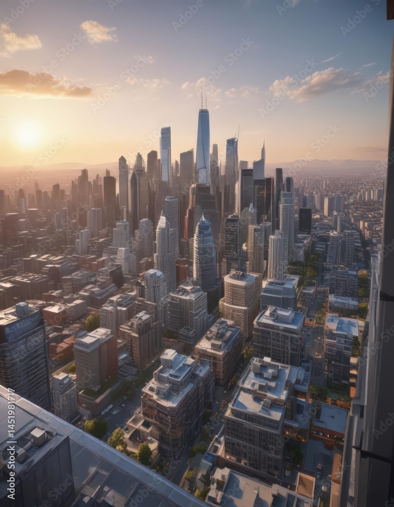 Fototapeta premium Panoramic city skyline view from luxury condo's top floor apartment , steel, skyscraper