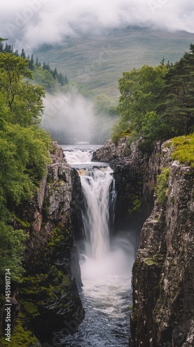 A breathtaking waterfall flows gracefully between rocky cliffs and lush greenery. The serene landscape captures natures beauty and tranquility. Generative AI