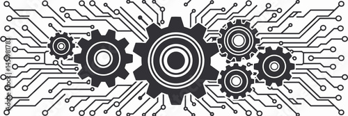 Vector icon of interconnected gears and circuit board lines – Suitable for mechanical engineering campaigns, digital innovation themes, or tech development visuals