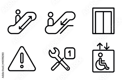 Public facility accessibility icons set: linear, outline, signage and guidance symbols