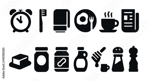 Morning routine solid icons set – filled, breakfast and daily essentials symbols