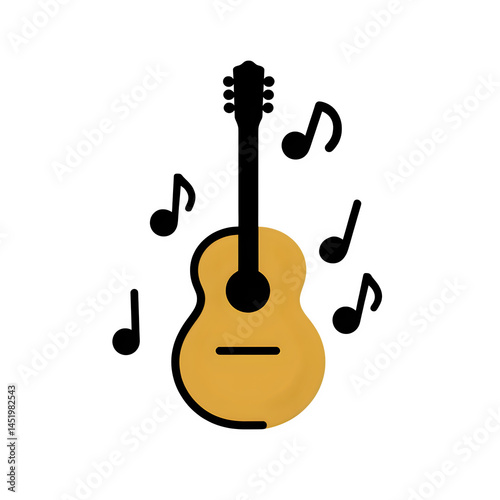 Minimalist guitar illustration with scattered black notes on transparent background.