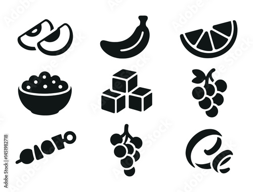 Food and fruit solid icons set – filled, culinary, kitchen symbols