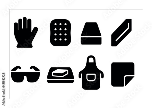 Cleaning essentials silhouette icons set – solid, household and sanitation symbols