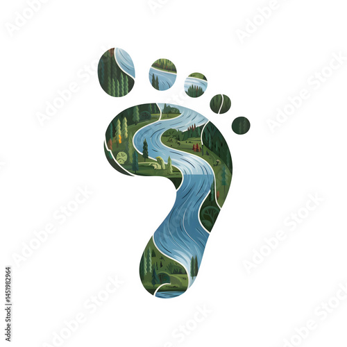 Minimalist carbon footprint with river and forest illustration on transparent background.