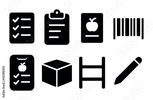 Grocery shopping solid icons set – filled, checklist, barcode symbols collection