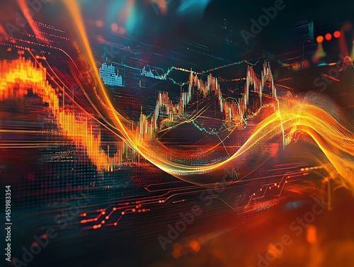 An abstract digital artwork featuring the Bitcoin logo, surrounded by glowing lines and dynamic stock market graphs in vibrant orange tones, symbolizing cryptocurrency trends and financial growth.