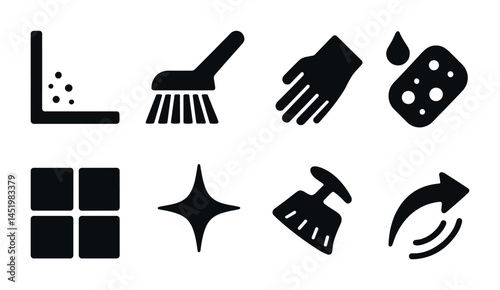 Cleaning and maintenance solid icons set – filled, housekeeping, sanitation tools