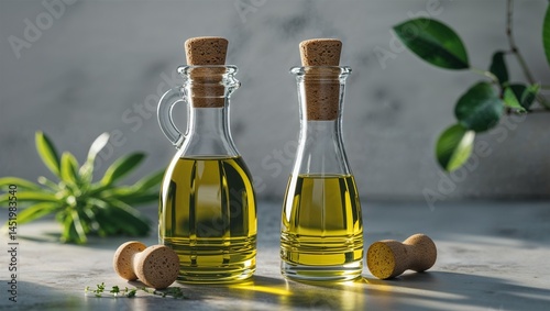 Photorealistic image of a glass oil and vinegar cruet on a white background