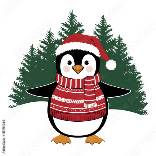Cute penguin in striped sweater and red scarf with pine forest background.