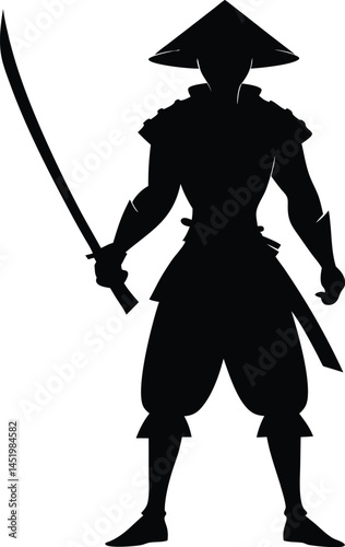 A bold silhouette of a samurai warrior, standing confidently and holding a katana.