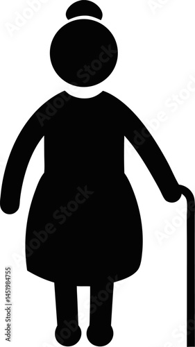 Old woman silhouette with stick on transparent background, vector illustration
