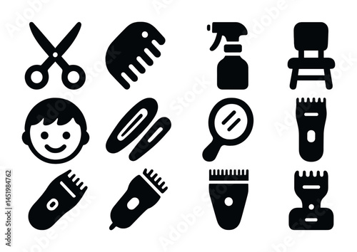 Hairdressing and barber solid icons set – filled, grooming, salon tool graphics