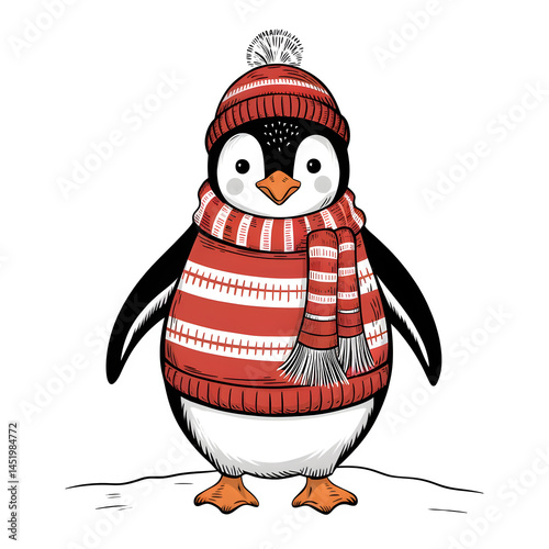 Chubby penguin in striped sweater and scarf on snowy ground with transparent background.