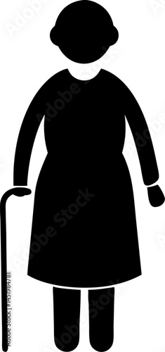 Old woman silhouette with stick on transparent background, vector illustration