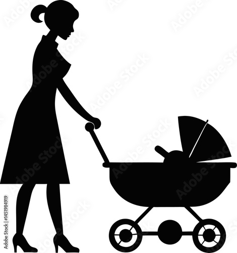 Continuous line art drawing of young mom walking with baby stroller illustration. Mother with baby carriage in one line drawing vector design. Editable stroke.