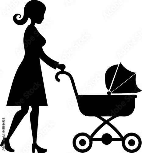 Continuous line art drawing of young mom walking with baby stroller illustration. Mother with baby carriage in one line drawing vector design. Editable stroke.