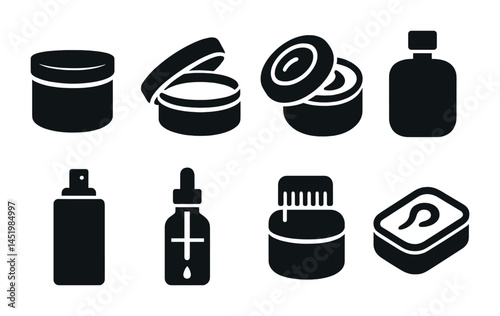 Cosmetic and skincare solid icons set – silhouette, filled, beauty and wellness symbols