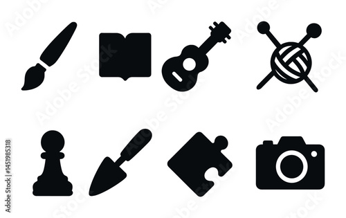 Art and hobby silhouette icons set – filled, creative, leisure symbols