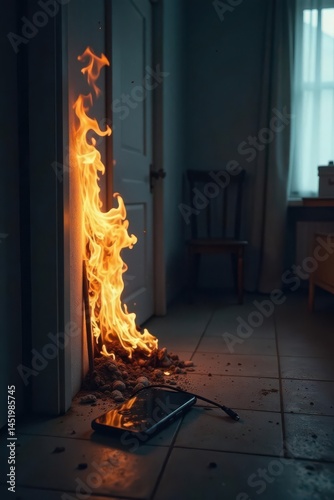 Flames engulfing a wall near a discarded electronic device, suggesting a fire hazard
