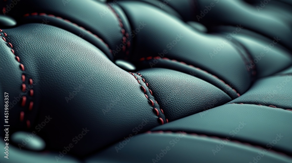 Obraz premium Close-up of black leather car seat upholstery with red stitching and buttons
