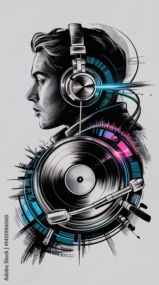 Obraz premium Dynamic DJ Setup With Vinyl Turntable, Headphones, And Colorful Soundwave Effects Representing Music, Audio Technology, And Live Mixing