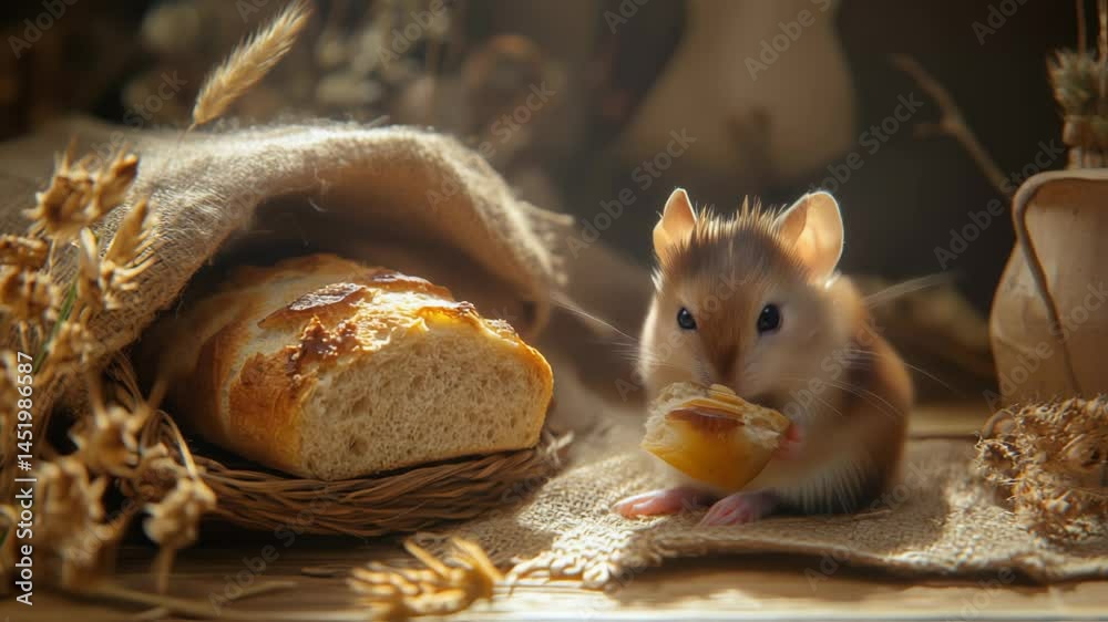 Hamster eating bread in rustic setting