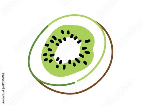 Sliced kiwi fruit with green flesh and black seeds. Flat outline illustration in minimal cartoon style. Healthy tropical food and summer fruit concept