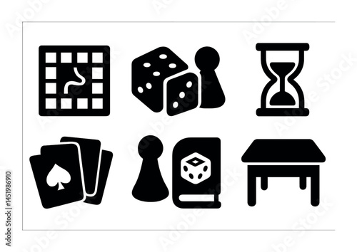 Board games solid icons set – classic, tabletop, strategic game symbols