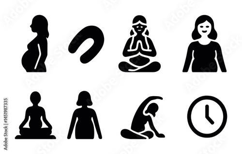 Pregnancy and yoga silhouette icons set – meditation, health, wellness graphics