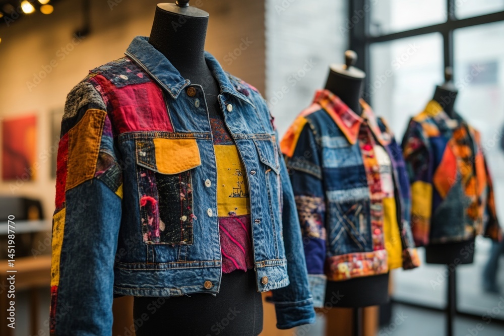 Fototapeta premium Three colorful denim jackets are displayed on mannequins in a store window